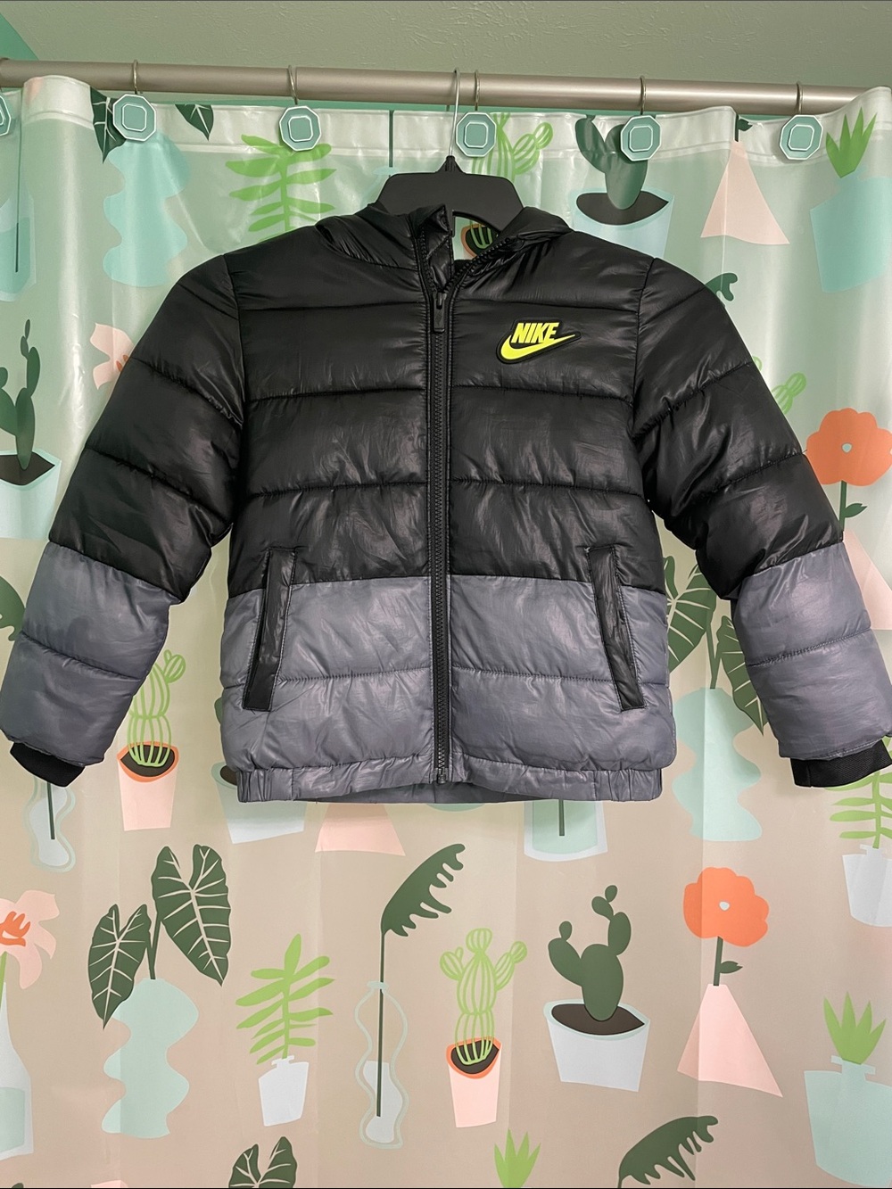 Nike Kids Black & Gray Puffer Jacket with Neon Yellow Logo